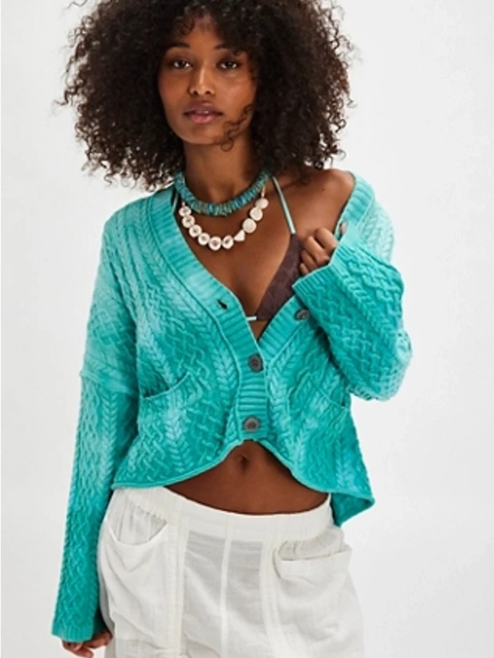 NWOT Free People Washed Ashore Cable Knit Cardi - Teal XSMALL - Picture 2 of 14